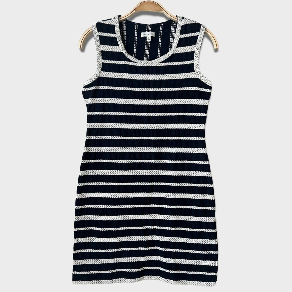 Max Studio Nautical Striped 100% Cotton Sheath Dress Navy Size Small0